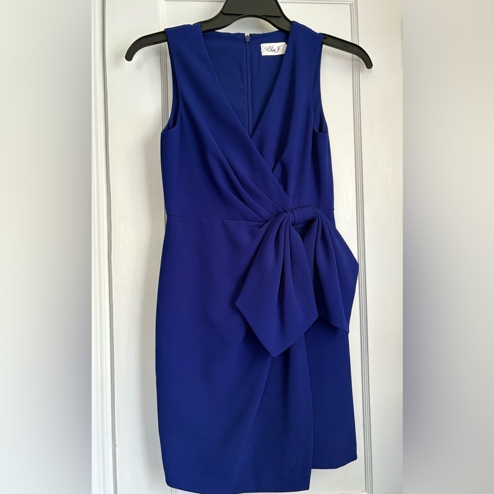 Eliza J V-Neckline Faux Wrap Full Zip Cobalt Blue Sleeveless Mini Dress, Sz: 2P